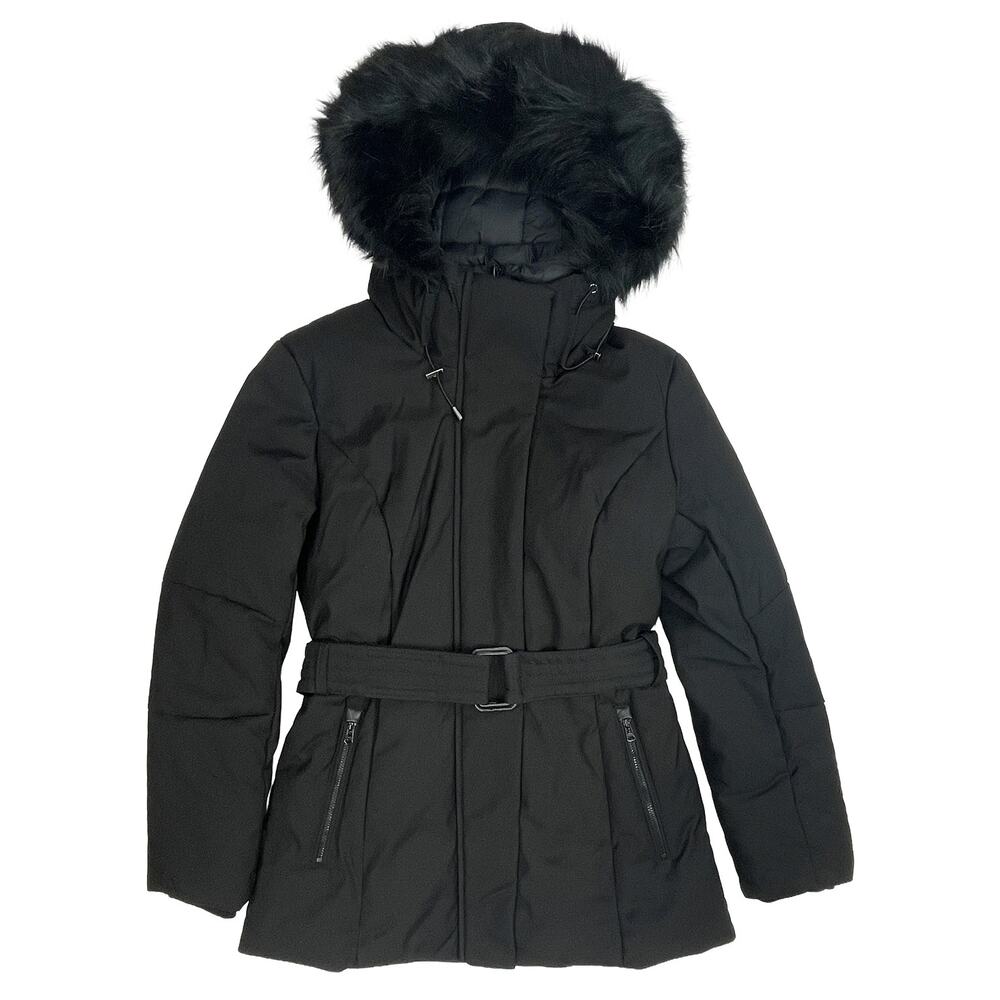 Cole Haan Puffer Coat Sz S Fits XS New $350 Black Belted Parka Faux Fur Hooded